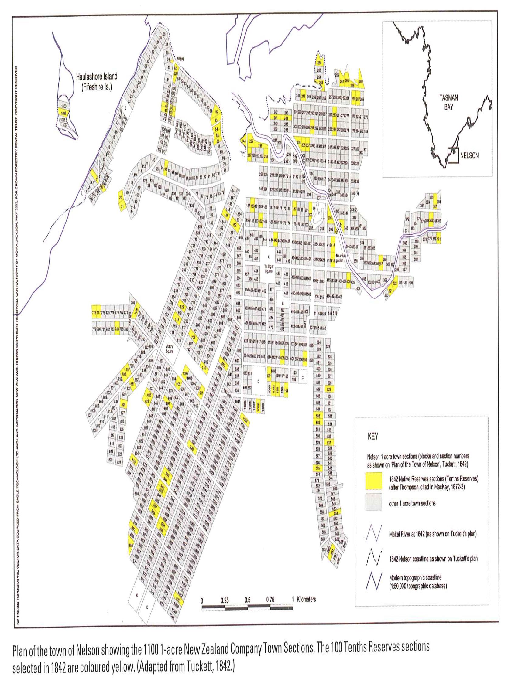 Nelson Town Plan adapted from Tuckett 1842. Native Tenths Reserves are highlighted in yellow