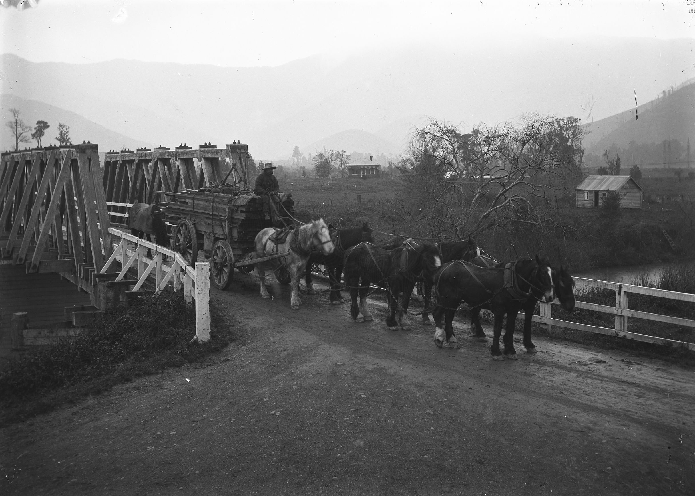 Brunning Timber waggon crossing the Wakamarina Bridge