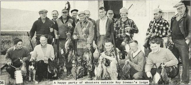 Happy party of shooters outside Roy Sowmans lodge