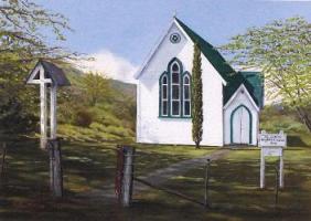 Painting of St John's church Hira. Artist Katie Sanson